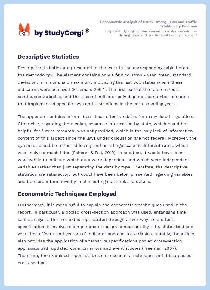 Econometric Analysis of Drunk Driving Laws and Traffic Fatalities by Freeman. Page 2