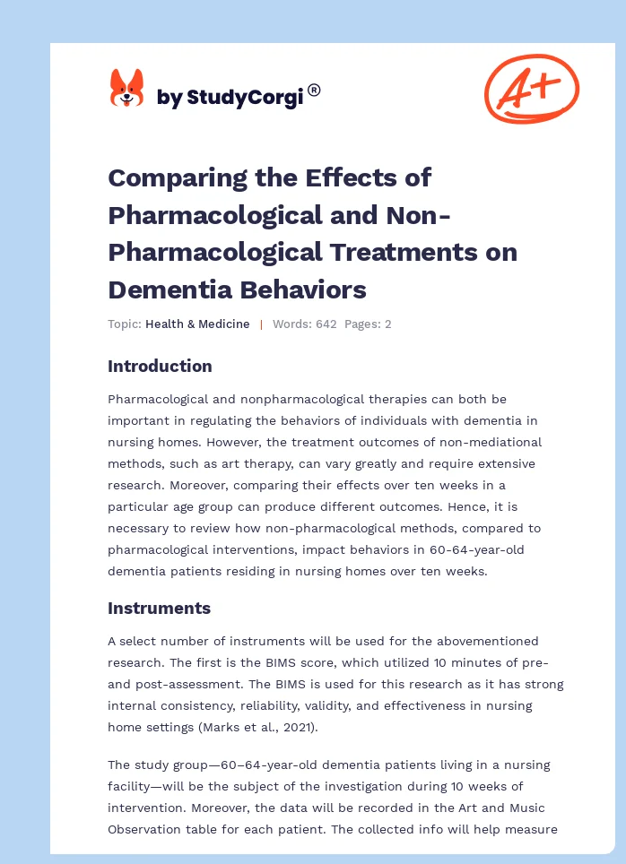 Comparing the Effects of Pharmacological and Non-Pharmacological Treatments on Dementia Behaviors. Page 1