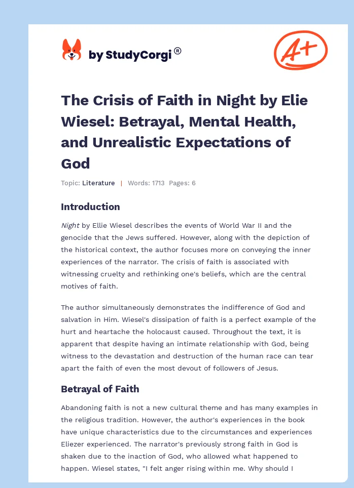 The Crisis of Faith in Night by Elie Wiesel: Betrayal, Mental Health, and Unrealistic Expectations of God. Page 1