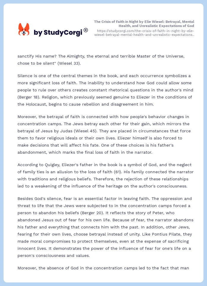The Crisis of Faith in Night by Elie Wiesel: Betrayal, Mental Health, and Unrealistic Expectations of God. Page 2