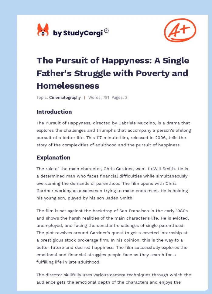 The Pursuit of Happyness: A Single Father's Struggle with Poverty and Homelessness. Page 1