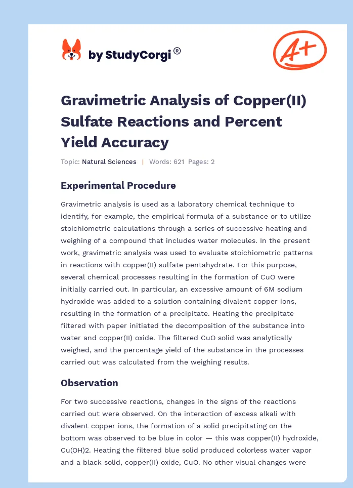 Gravimetric Analysis of Copper(II) Sulfate Reactions and Percent Yield Accuracy. Page 1