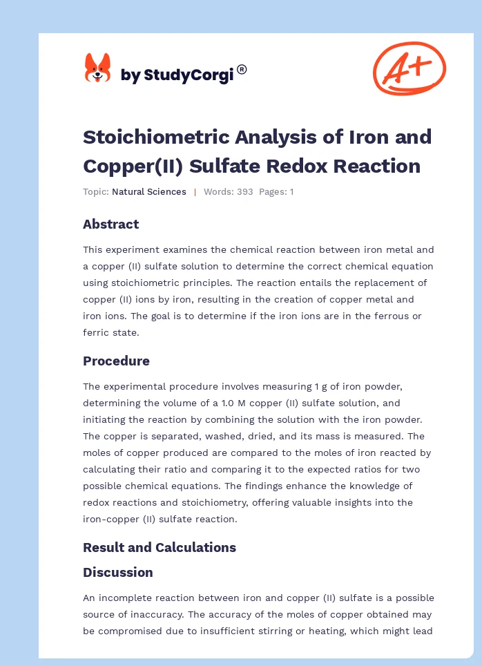 Stoichiometric Analysis of Iron and Copper(II) Sulfate Redox Reaction. Page 1