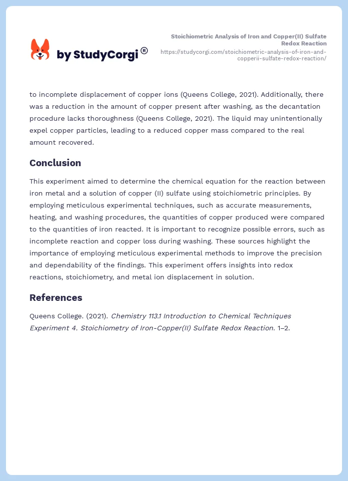 Stoichiometric Analysis of Iron and Copper(II) Sulfate Redox Reaction. Page 2