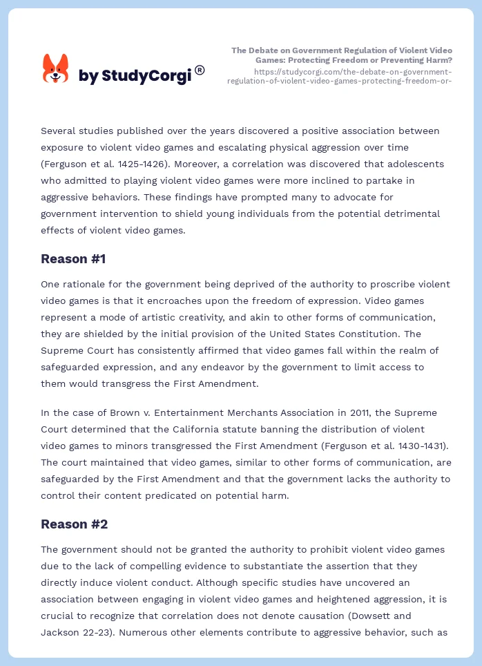 The Debate on Government Regulation of Violent Video Games: Protecting Freedom or Preventing Harm?. Page 2
