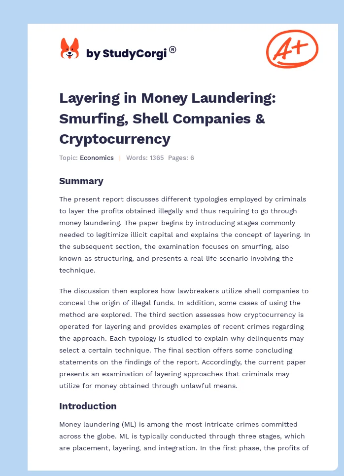 Layering in Money Laundering: Smurfing, Shell Companies & Cryptocurrency. Page 1
