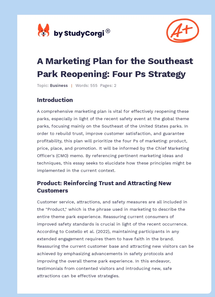 A Marketing Plan for the Southeast Park Reopening: Four Ps Strategy. Page 1