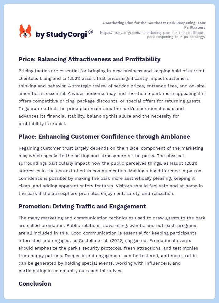 A Marketing Plan for the Southeast Park Reopening: Four Ps Strategy. Page 2