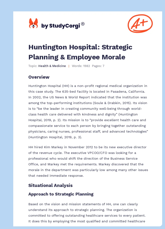 Huntington Hospital: Strategic Planning & Employee Morale. Page 1