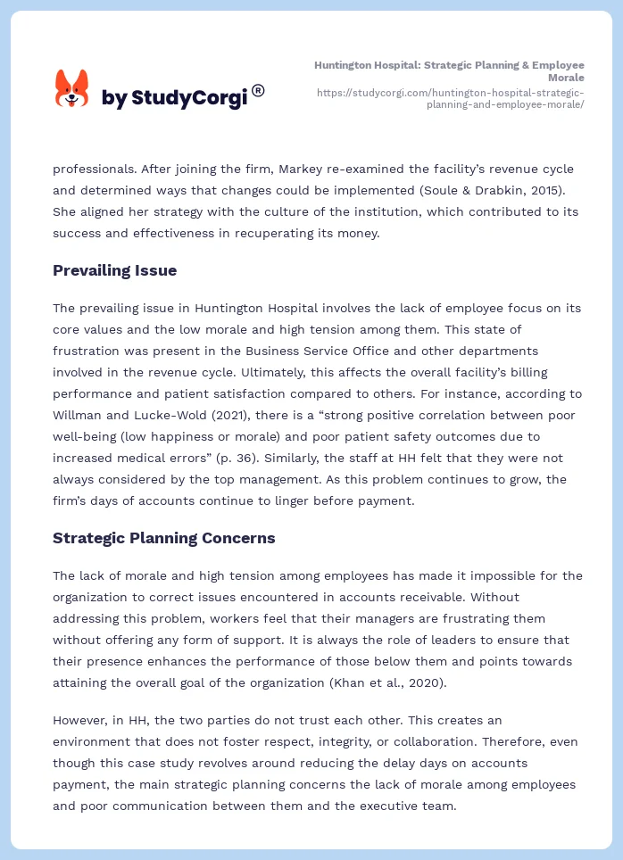 Huntington Hospital: Strategic Planning & Employee Morale. Page 2
