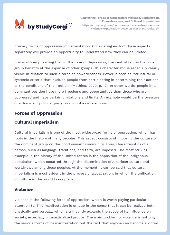Countering Forces of Oppression: Violence, Exploitation, Powerlessness, and Cultural Imperialism. Page 2