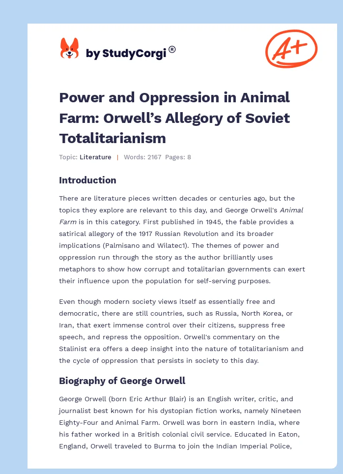 Power and Oppression in Animal Farm: Orwell’s Allegory of Soviet Totalitarianism. Page 1