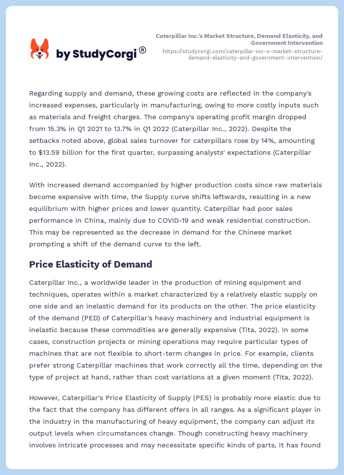 Caterpillar Inc.’s Market Structure, Demand Elasticity, and Government Intervention. Page 2