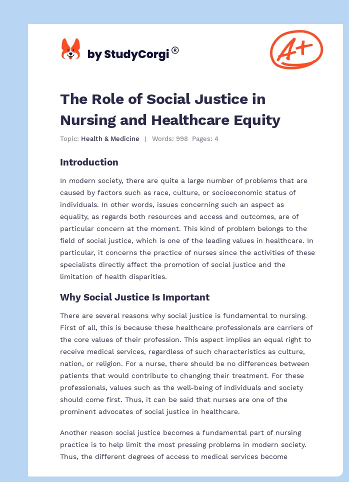 The Role of Social Justice in Nursing and Healthcare Equity. Page 1