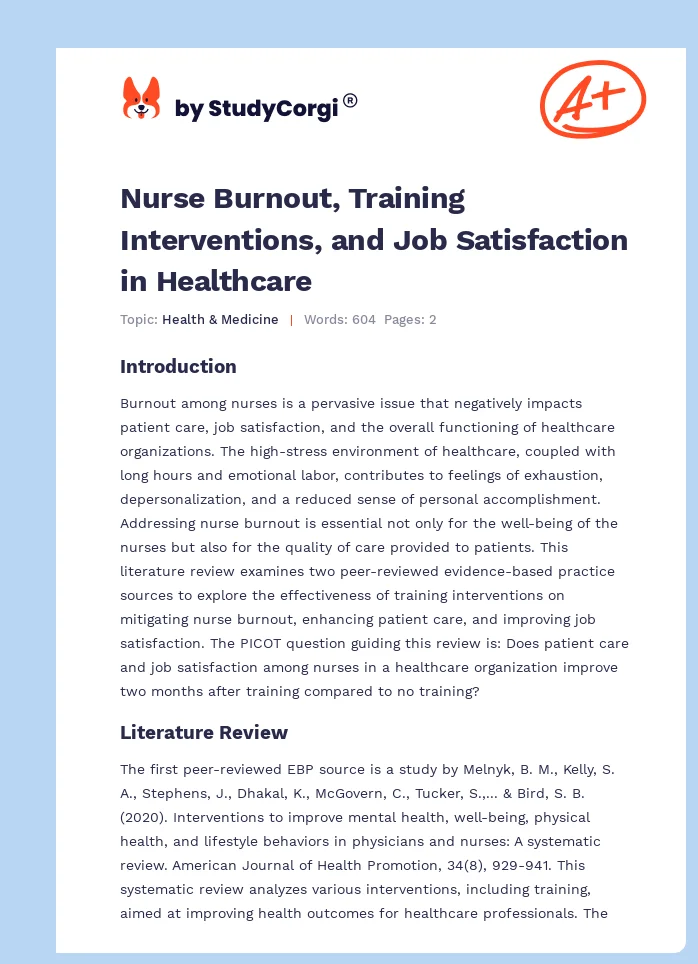 Nurse Burnout, Training Interventions, and Job Satisfaction in Healthcare. Page 1