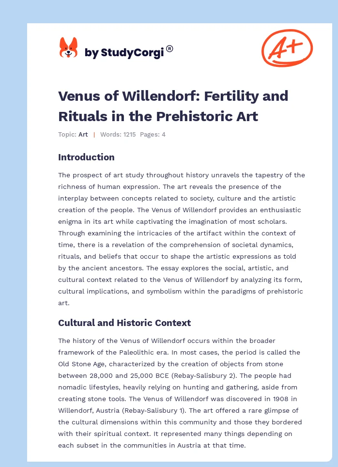 Venus of Willendorf: Fertility and Rituals in the Prehistoric Art. Page 1