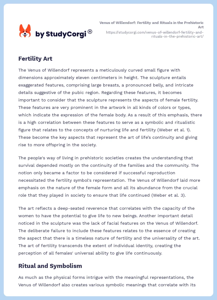 Venus of Willendorf: Fertility and Rituals in the Prehistoric Art. Page 2