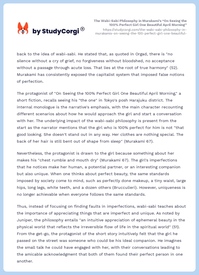 The Wabi-Sabi Philosophy in Murakami’s “On Seeing the 100% Perfect Girl One Beautiful April Morning”. Page 2