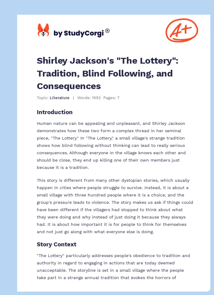Shirley Jackson's "The Lottery": Tradition, Blind Following, and Consequences. Page 1