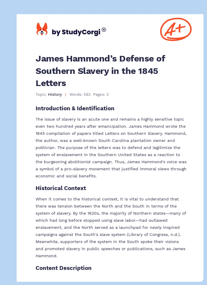 James Hammond’s Defense of Southern Slavery in the 1845 Letters. Page 1