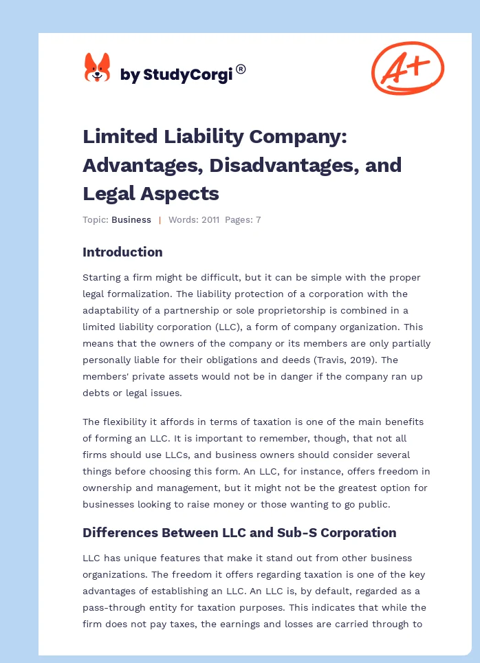 Limited Liability Company: Advantages, Disadvantages, and Legal Aspects. Page 1