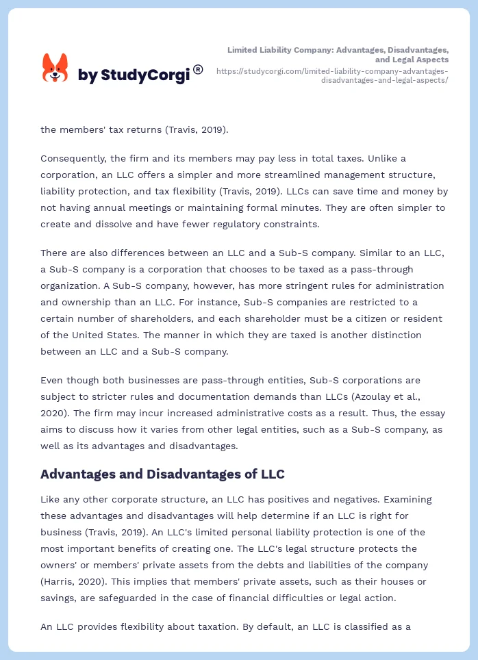 Limited Liability Company: Advantages, Disadvantages, and Legal Aspects. Page 2