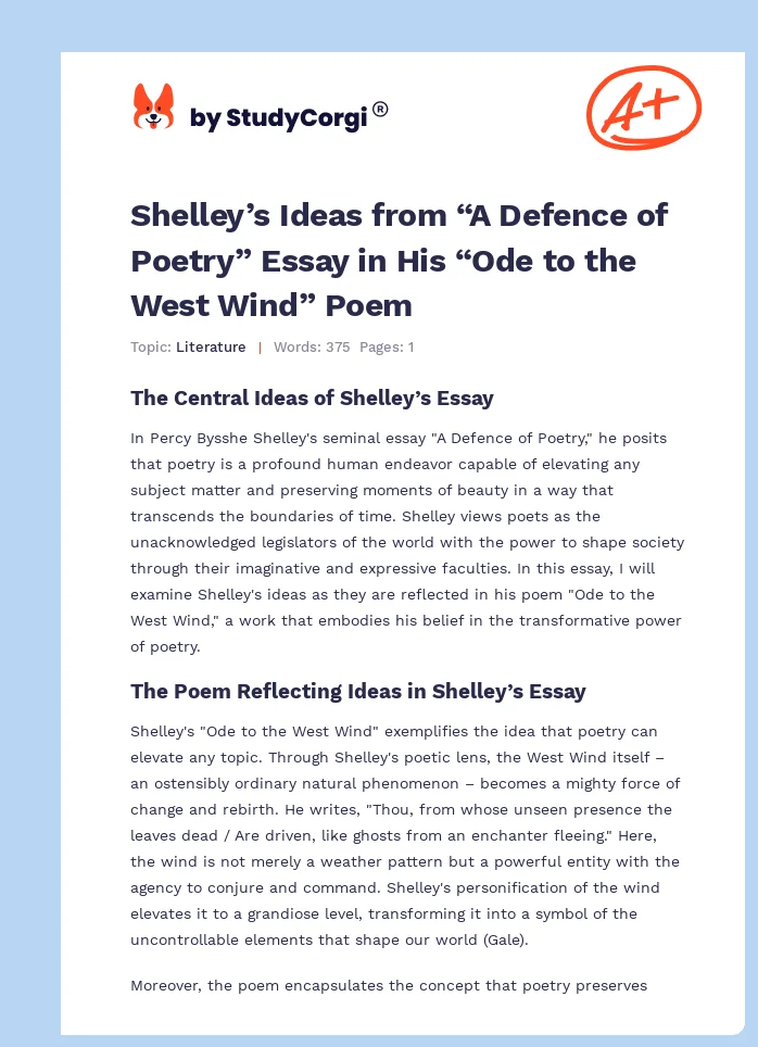 Shelley’s Ideas from “A Defence of Poetry” Essay in His “Ode to the West Wind” Poem. Page 1