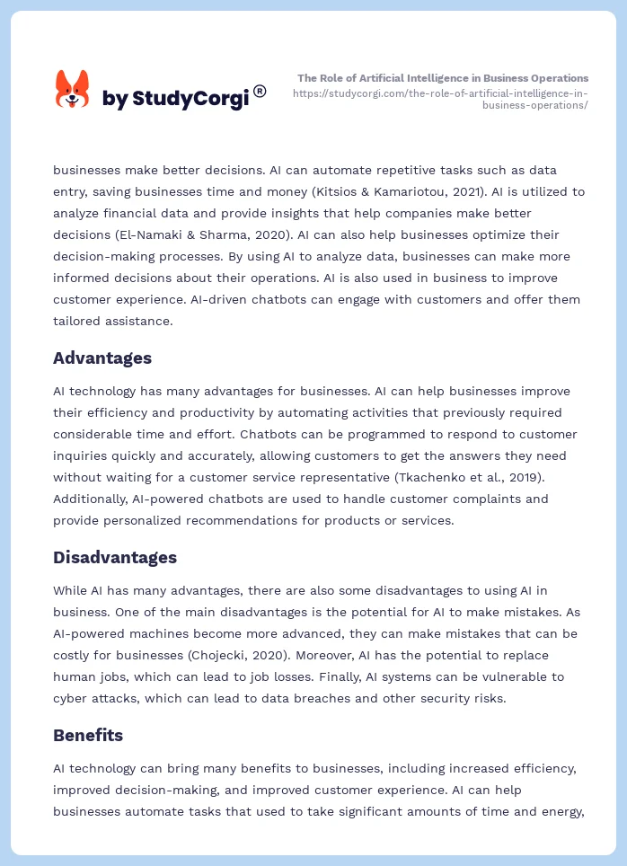 The Role of Artificial Intelligence in Business Operations. Page 2