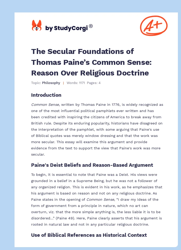 The Secular Foundations of Thomas Paine’s Common Sense: Reason Over Religious Doctrine. Page 1