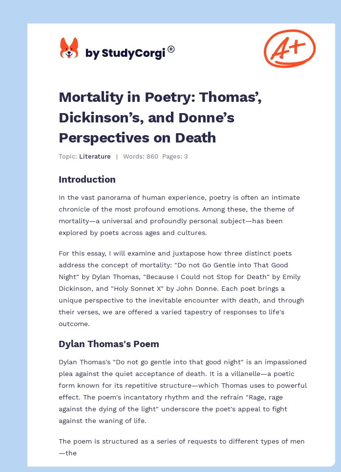 Mortality in Poetry: Thomas’, Dickinson’s, and Donne’s Perspectives on Death. Page 1