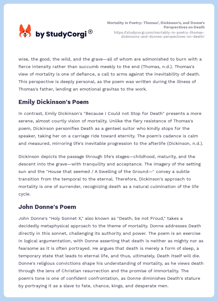 Mortality in Poetry: Thomas’, Dickinson’s, and Donne’s Perspectives on Death. Page 2