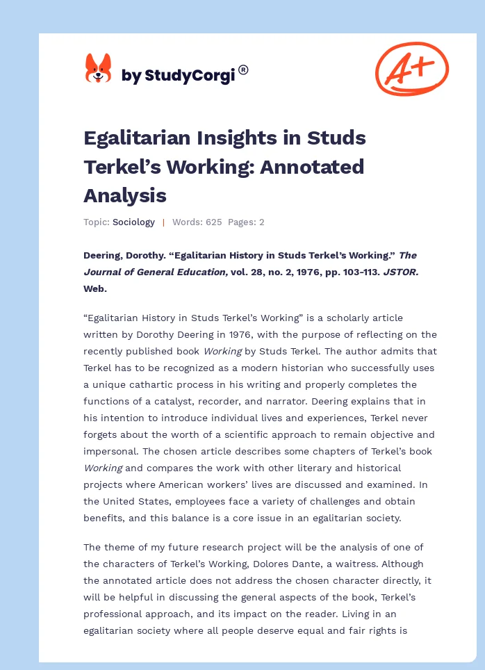 Egalitarian Insights in Studs Terkel’s Working: Annotated Analysis. Page 1