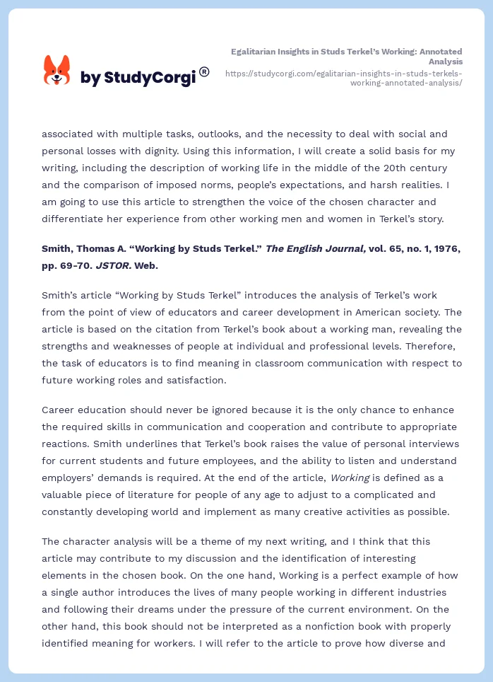 Egalitarian Insights in Studs Terkel’s Working: Annotated Analysis. Page 2