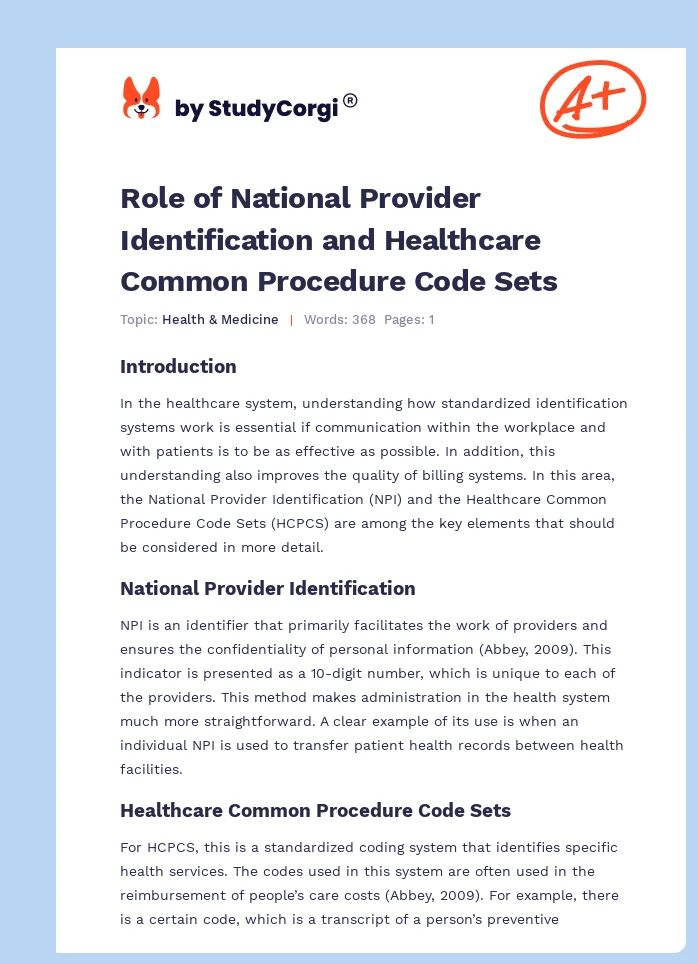 Role of National Provider Identification and Healthcare Common Procedure Code Sets. Page 1
