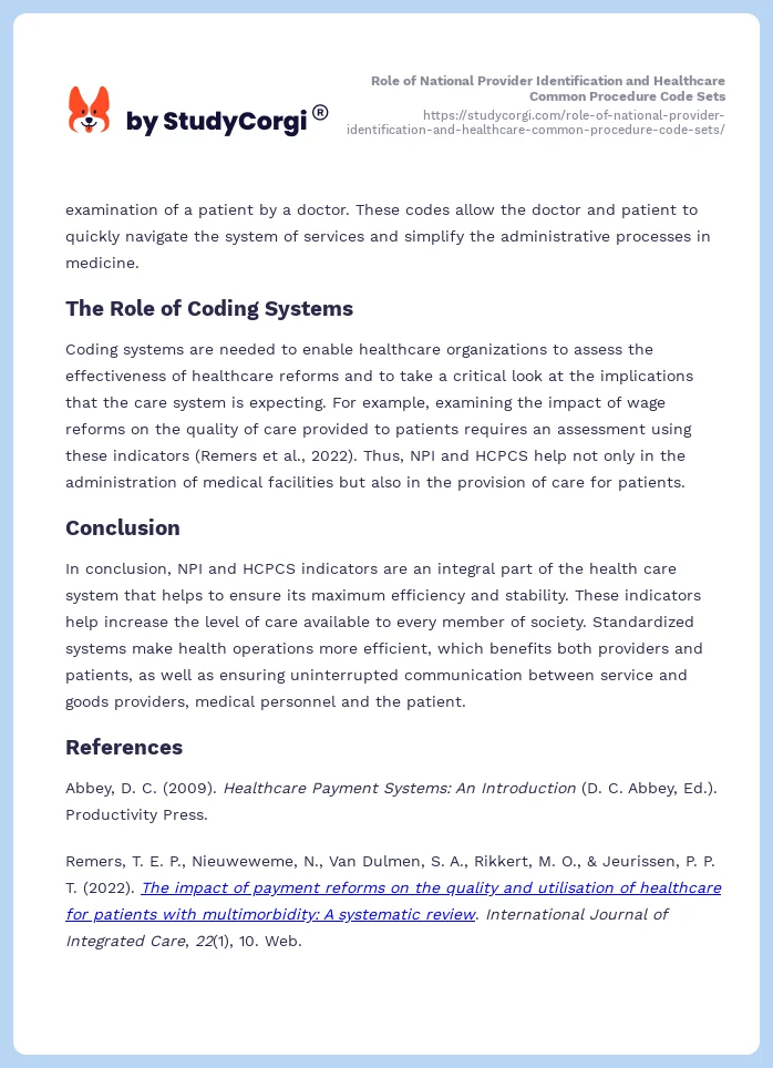 Role of National Provider Identification and Healthcare Common Procedure Code Sets. Page 2