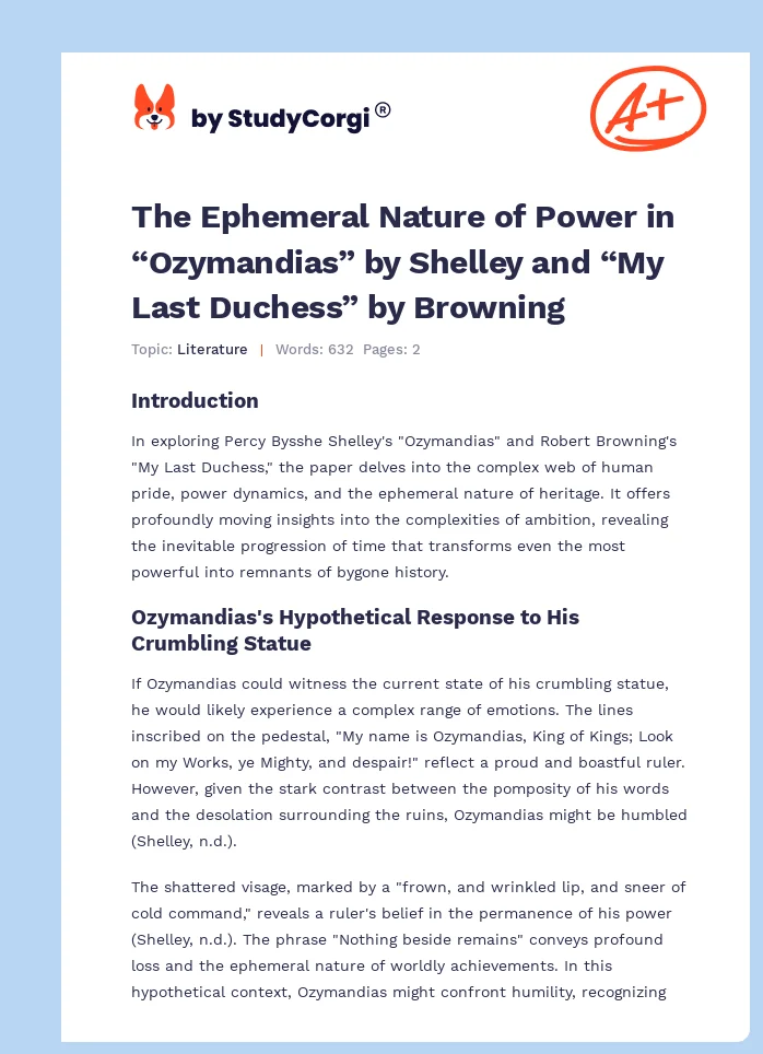 The Ephemeral Nature of Power in “Ozymandias” by Shelley and “My Last Duchess” by Browning. Page 1