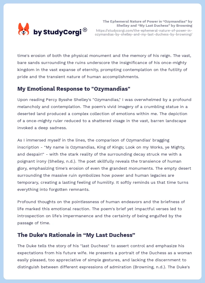 The Ephemeral Nature of Power in “Ozymandias” by Shelley and “My Last Duchess” by Browning. Page 2
