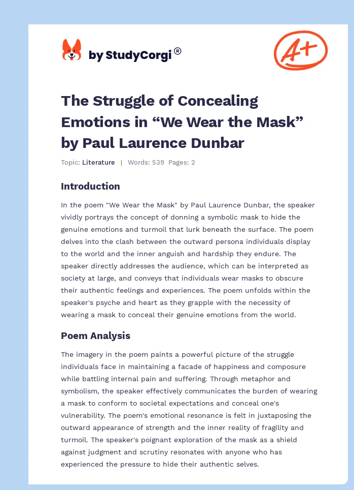 The Struggle of Concealing Emotions in “We Wear the Mask” by Paul Laurence Dunbar. Page 1