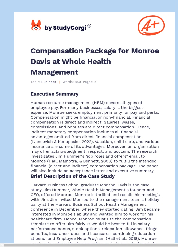Compensation Package for Monroe Davis at Whole Health Management. Page 1