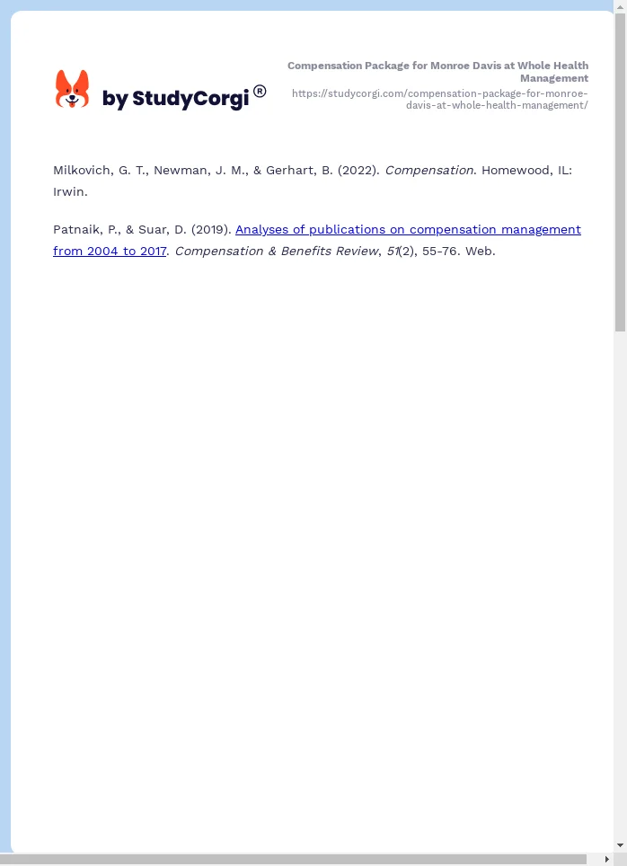 Compensation Package for Monroe Davis at Whole Health Management. Page 2