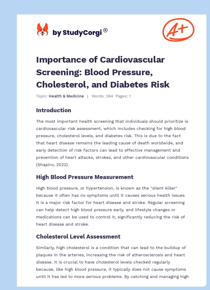 Importance of Cardiovascular Screening: Blood Pressure, Cholesterol, and Diabetes Risk. Page 1
