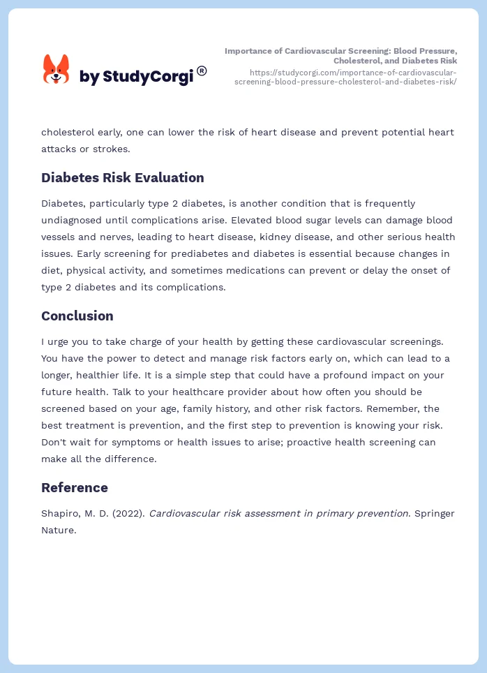 Importance of Cardiovascular Screening: Blood Pressure, Cholesterol, and Diabetes Risk. Page 2