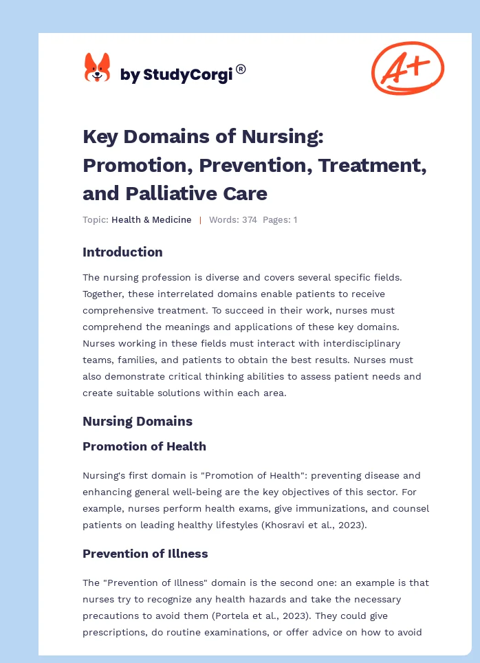 Key Domains of Nursing: Promotion, Prevention, Treatment, and Palliative Care. Page 1