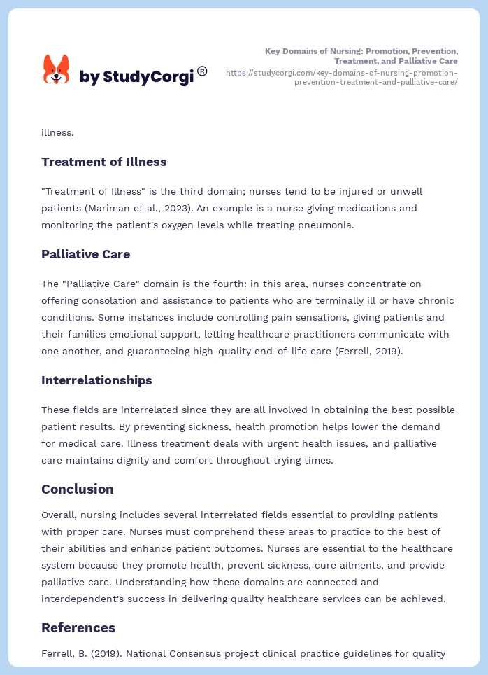 Key Domains of Nursing: Promotion, Prevention, Treatment, and Palliative Care. Page 2
