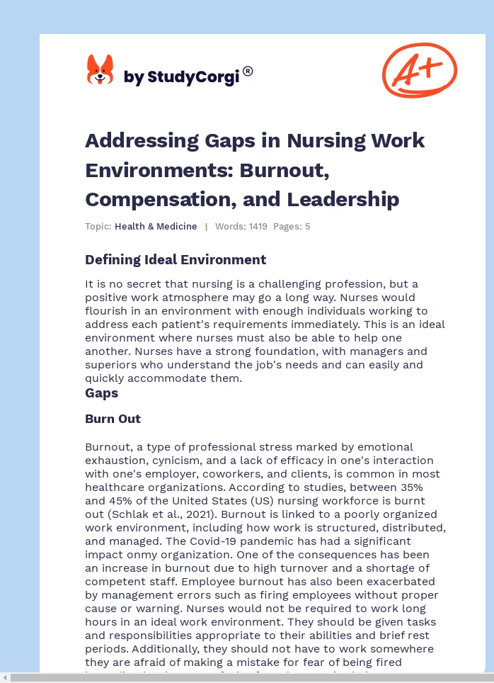Addressing Gaps in Nursing Work Environments: Burnout, Compensation, and Leadership. Page 1