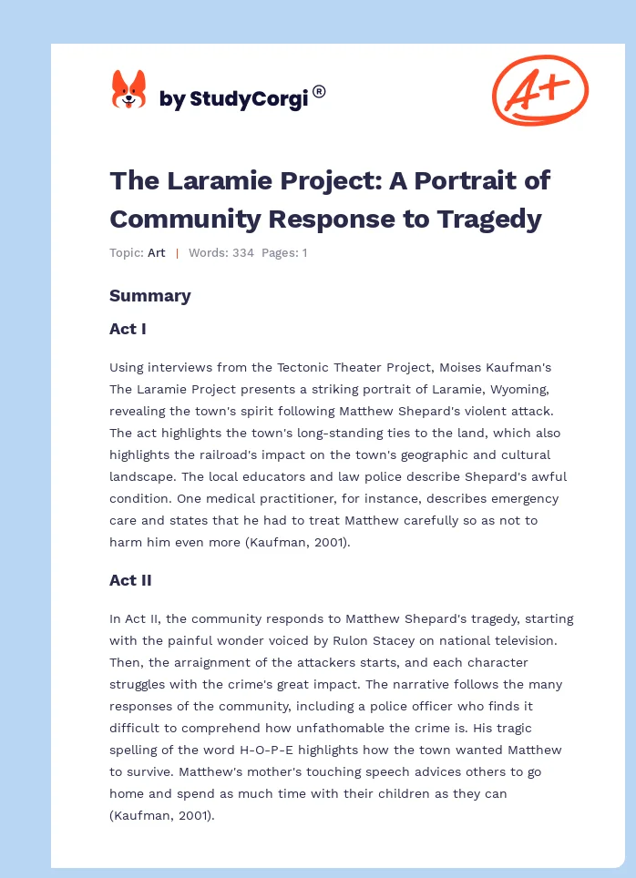 The Laramie Project: A Portrait of Community Response to Tragedy. Page 1