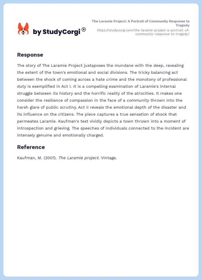 The Laramie Project: A Portrait of Community Response to Tragedy. Page 2