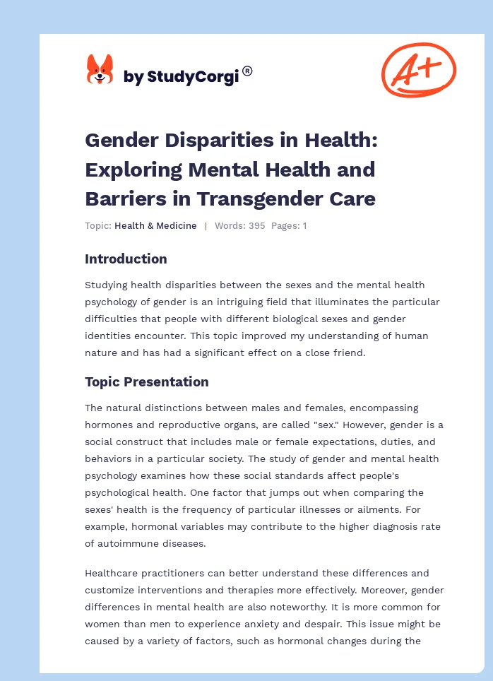 Gender Disparities in Health: Exploring Mental Health and Barriers in Transgender Care. Page 1