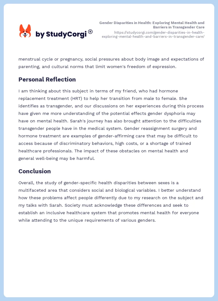 Gender Disparities in Health: Exploring Mental Health and Barriers in Transgender Care. Page 2