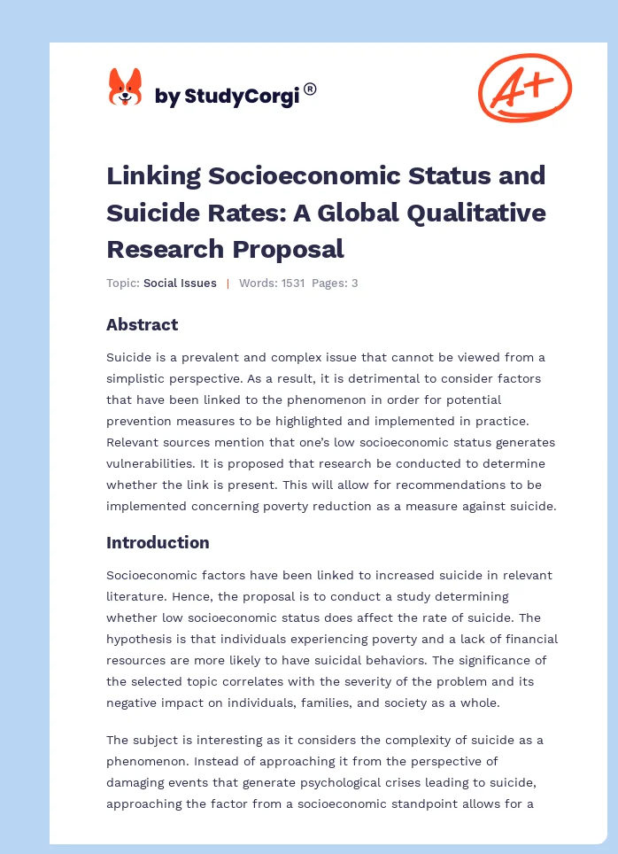 Linking Socioeconomic Status and Suicide Rates: A Global Qualitative Research Proposal. Page 1